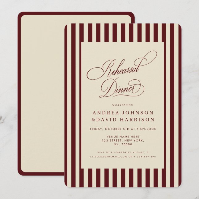 Invitation Ivory & Burgundy Stripes Vintage Rehearsal Dinner (Devant / Derrière)