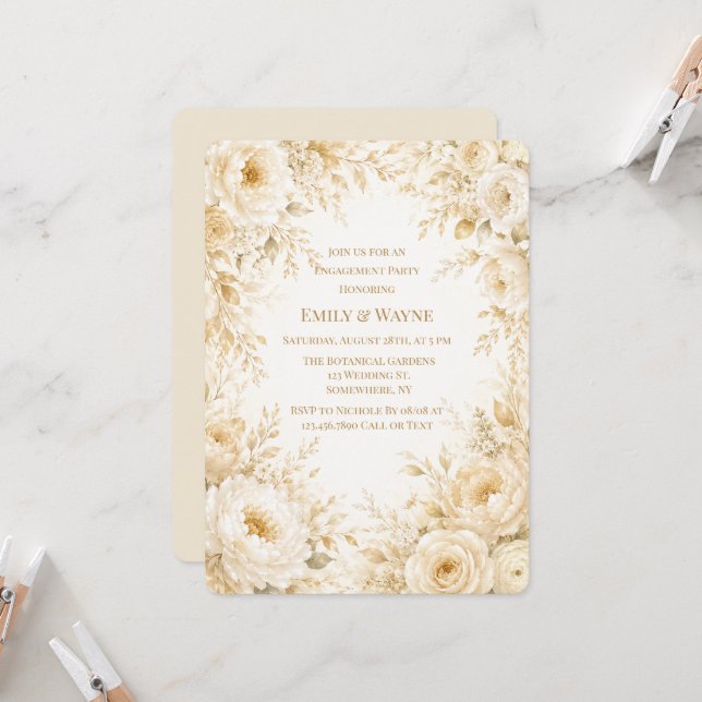 Invitation Ivory Champagne Pearl Blanc Floral Engagement Part (Devant/Arrière en situation)