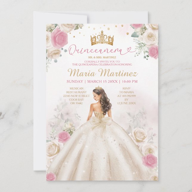 Invitation Ivory Creme Princess Dress Dusty Rose Quinceañera (Devant)