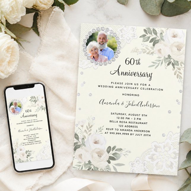 Invitation Ivory diamants floraux 60e anniversaire de mariage (Créateur téléchargé)