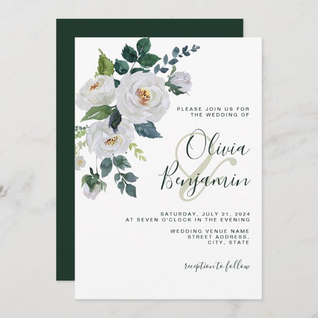 Invitation Ivory Emerald Vert Blanc Floral Élégant Mariage (Devant / Derrière)
