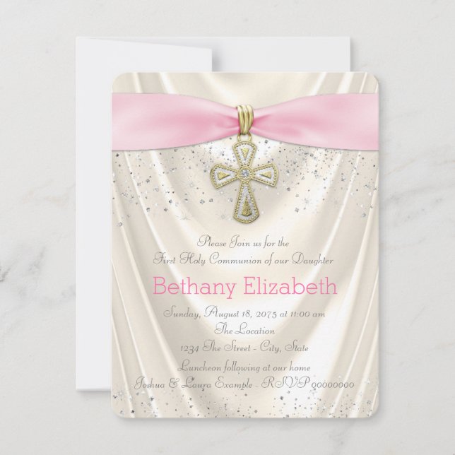 Invitation Ivory et Rose Croix Première Communion Satin (Devant)