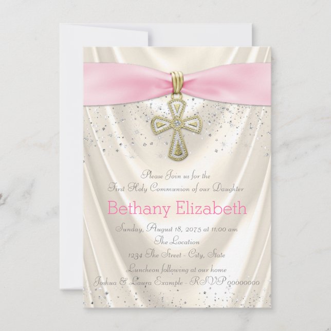 Invitation Ivory et Rose Croix Première Communion Satin (Devant)