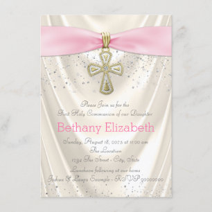 Invitation Ivory et Rose Croix Première Communion Satin