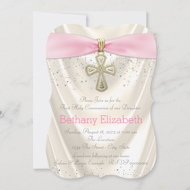 Invitation Ivory et Rose Croix Première Communion Satin Paill (Devant)