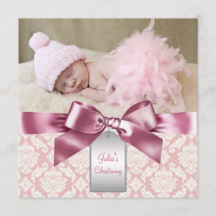 Invitation Ivory et rose Damask Baby Girl Photo Christening