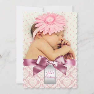 Invitation Ivory et rose Damask Baby Girl Photo Christening