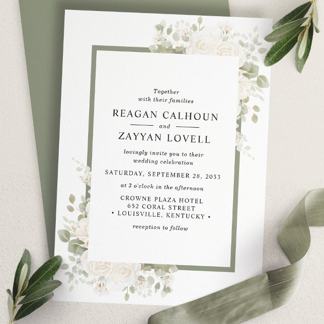 Invitation Ivory et Sage Élégant Cadre Floral Mariage (Créateur téléchargé)