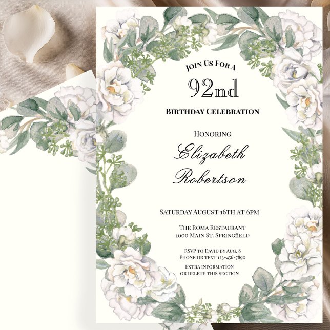 Invitation Ivory et vert sauge floral 92e anniversaire (Créateur téléchargé)