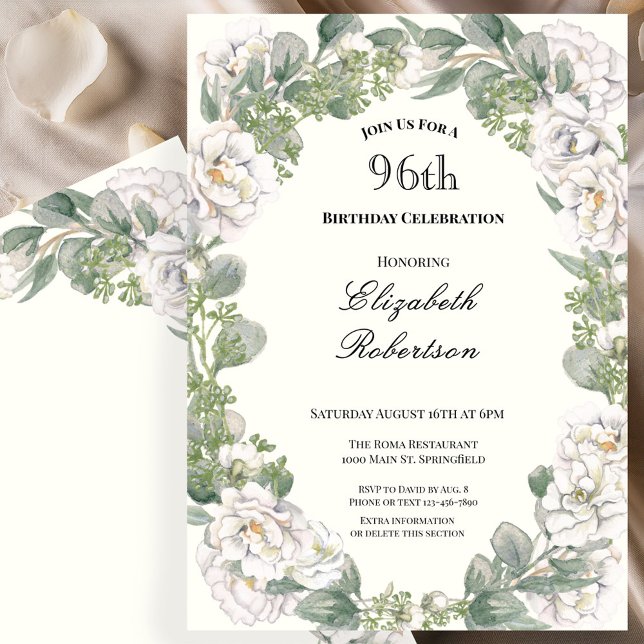 Invitation Ivory et vert sauge floral 96e anniversaire (Créateur téléchargé)