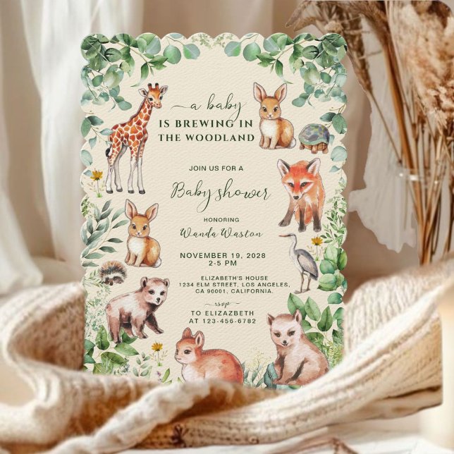 Invitation Ivory Eucalyptus Woodland mignon Animaux Baby show (Créateur téléchargé)