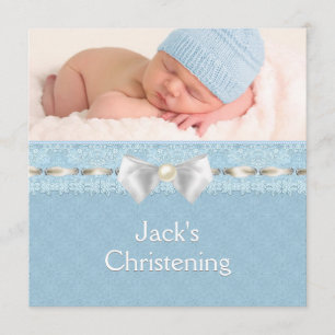 Invitation Ivory Eyelet Ribbon Boys Blue Photo Christing