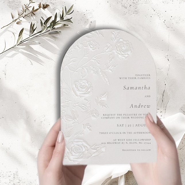 Invitation Ivory Faux Blind Embossed Rose Floral Arch Wedding (Créateur téléchargé)