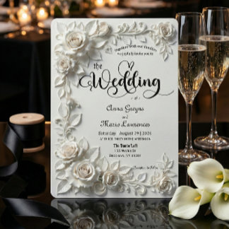 Invitation Ivory Faux Plaster Relief Roses Formal Wedding