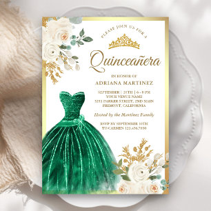 Invitation Ivory Floral Emerald Green Gown Gold Quinceanera