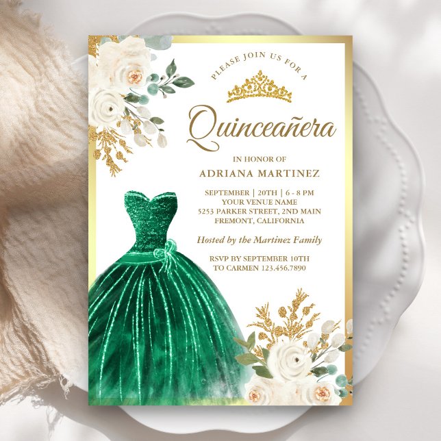 Invitation Ivory Floral Emerald Green Gown Gold Quinceanera (Créateur téléchargé)
