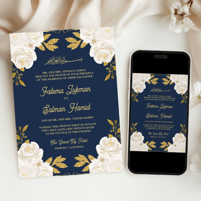 Invitation Ivory Floral Gold Navy Bleu Mariage musulman (Créateur téléchargé)