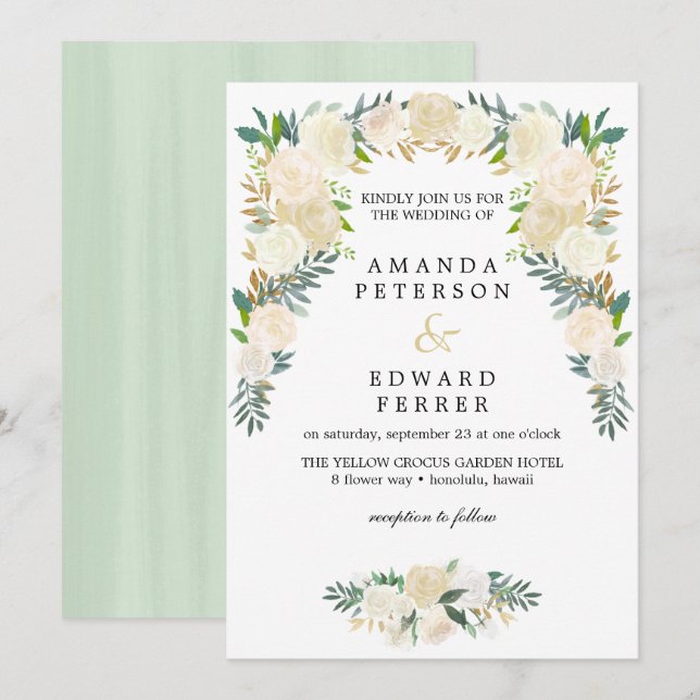 Invitation Ivory Floral Rose Garland mariage menthe brush (Devant / Derrière)