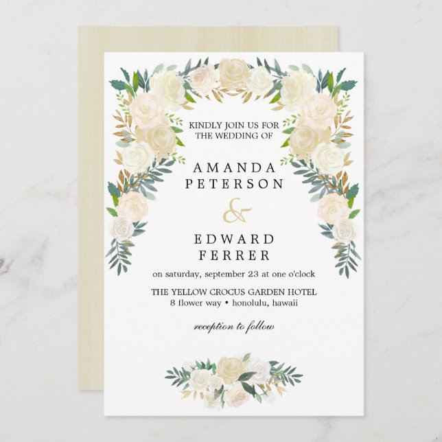 Invitation Ivory Floral Rose Garland mariage rose pâle (Devant / Derrière)