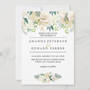 Invitation Ivory Floral Rose verdure mariage rose vif