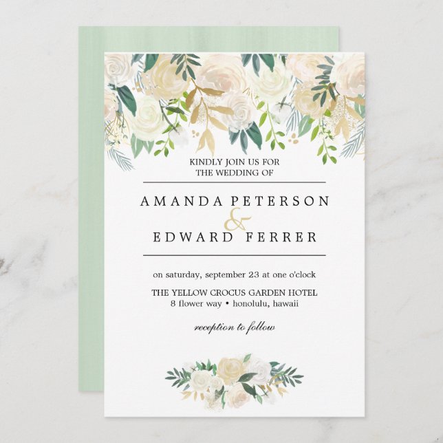 Invitation Ivory Floral Rose verdure menthe mariage (Devant / Derrière)