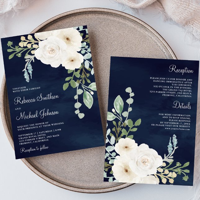 Invitation Ivory Floral Sage Marine Feuille tout en un Mariag (Créateur téléchargé)