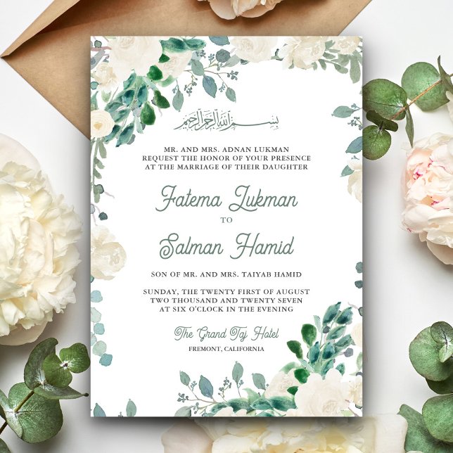 Invitation Ivory Floral Sage Vert Feuille Mariage islamique (Créateur téléchargé)