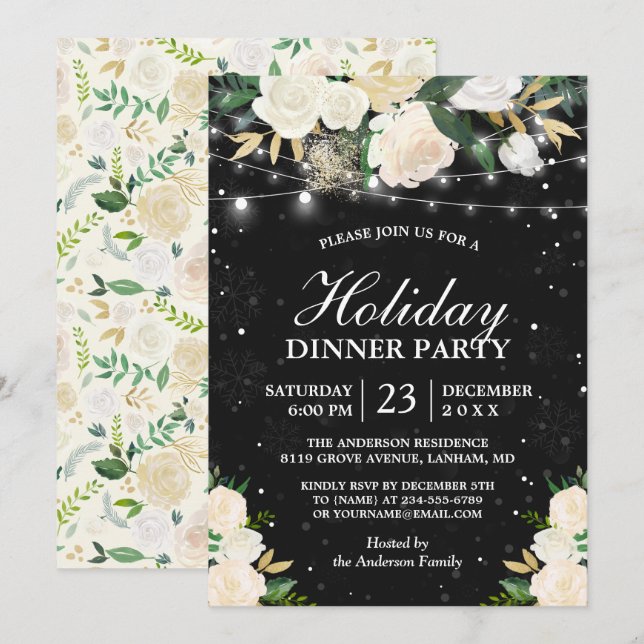 Invitation Ivory Floral String Lights Fête d'hiver (Devant / Derrière)