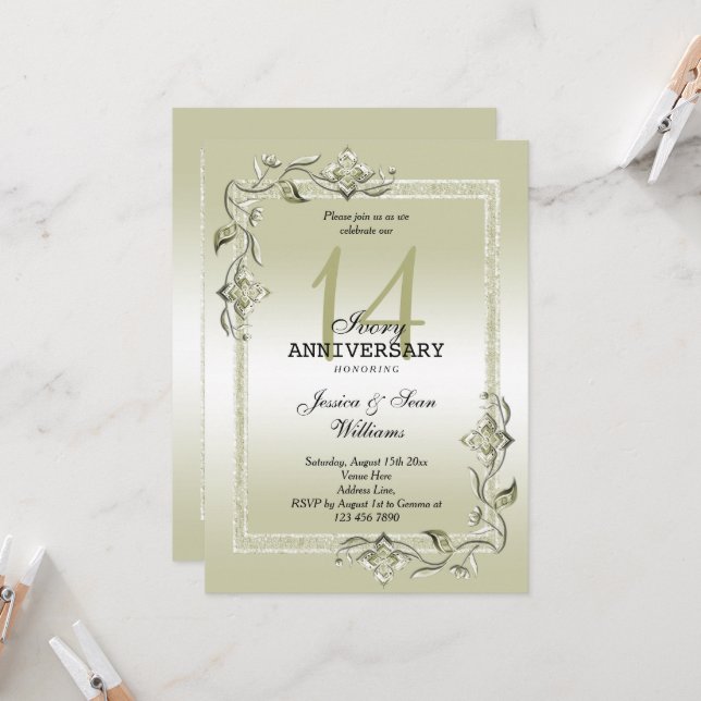 Invitation Ivory Gem & Parties scintillant 14e anniversaire d (Devant/Arrière en situation)
