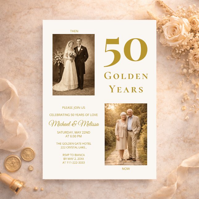 Invitation Ivory Gold 50th Anniversary Photo Then and Now  (Elegant ivory gold 50th anniversary invitation with romantic then and now design)