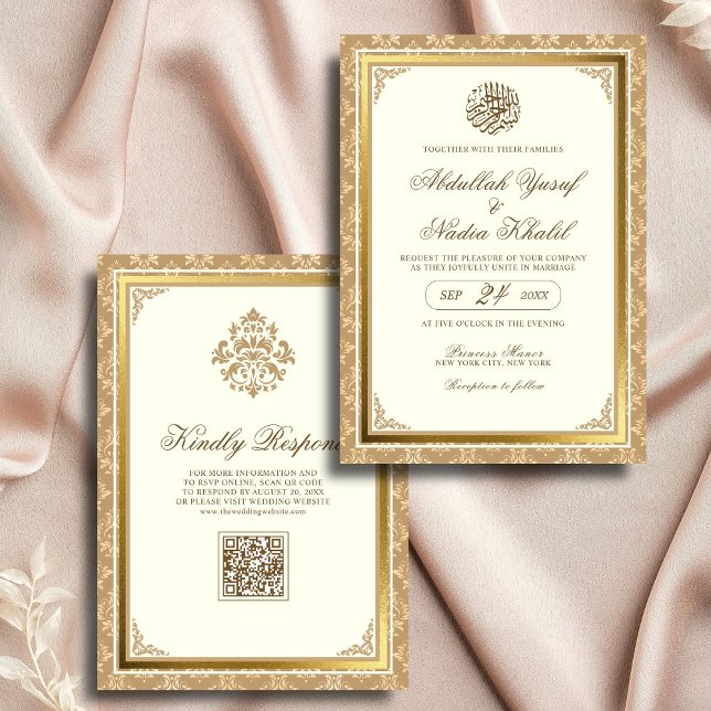 Invitation Ivory Gold Damask Elegance QR Code Mariage musulma (Créateur téléchargé)