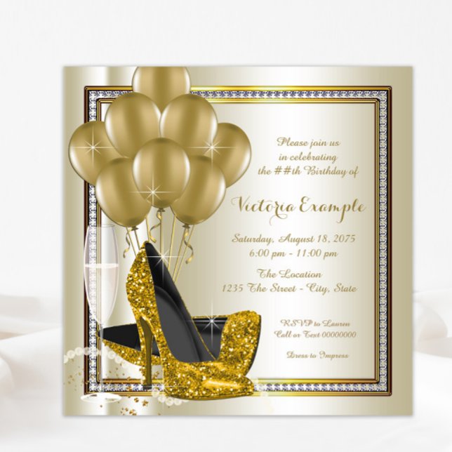 Invitation Ivory Gold Diamond Chaussure haute talon fête d'an (Any event invitation, all text can be changed.)