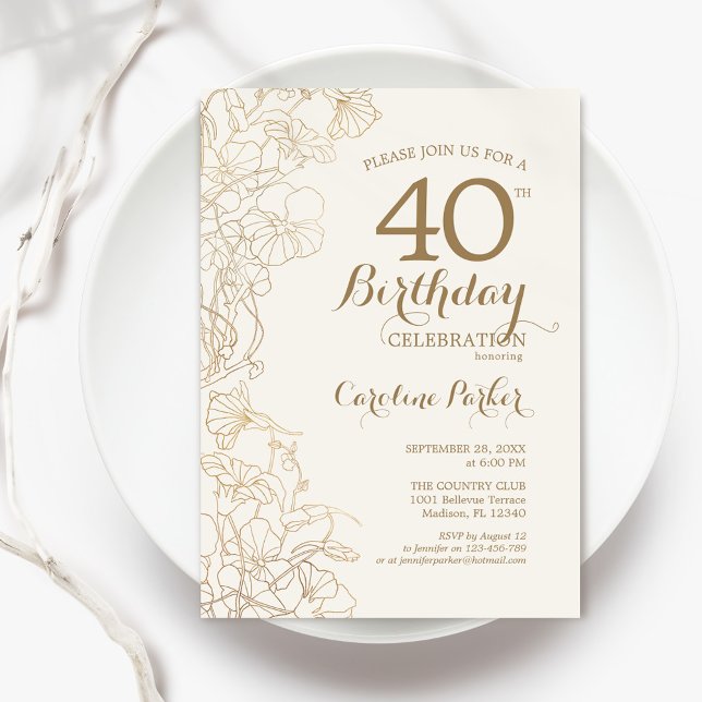 Invitation Ivory Gold Floral 40e fête d'anniversaire (Créateur téléchargé)