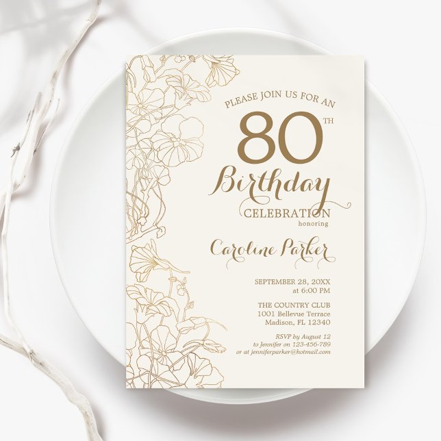 Invitation Ivory Gold Floral 80e fête d'anniversaire (Créateur téléchargé)