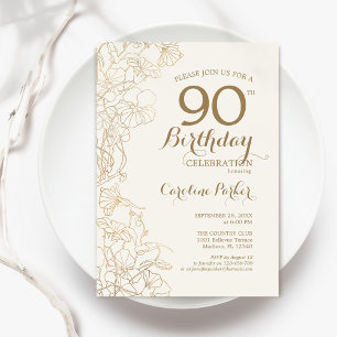 Invitation Ivory Gold Floral 90e fête d'anniversaire