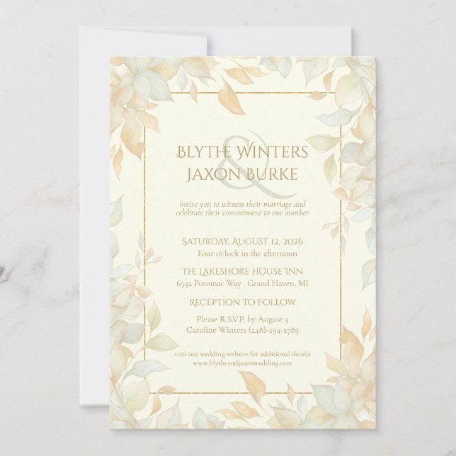 Invitation Ivory Gold Leafy Border Botanical Elegant Wedding  (Devant)