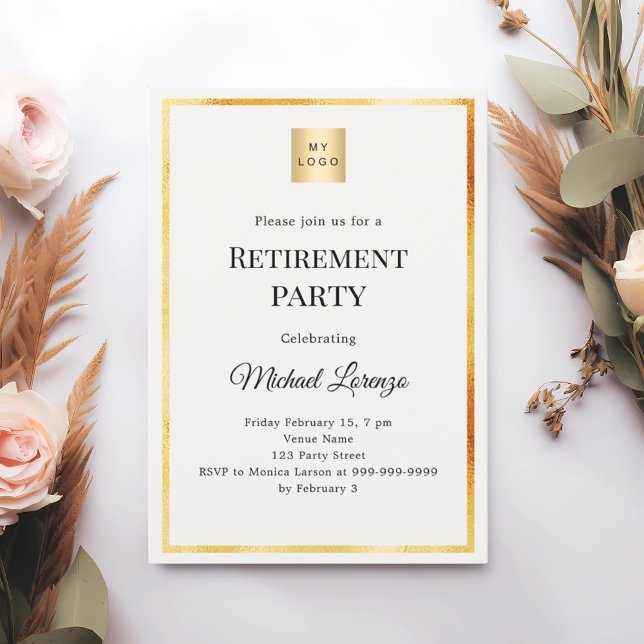 Invitation Ivory gold retirement party business logo (Créateur téléchargé)