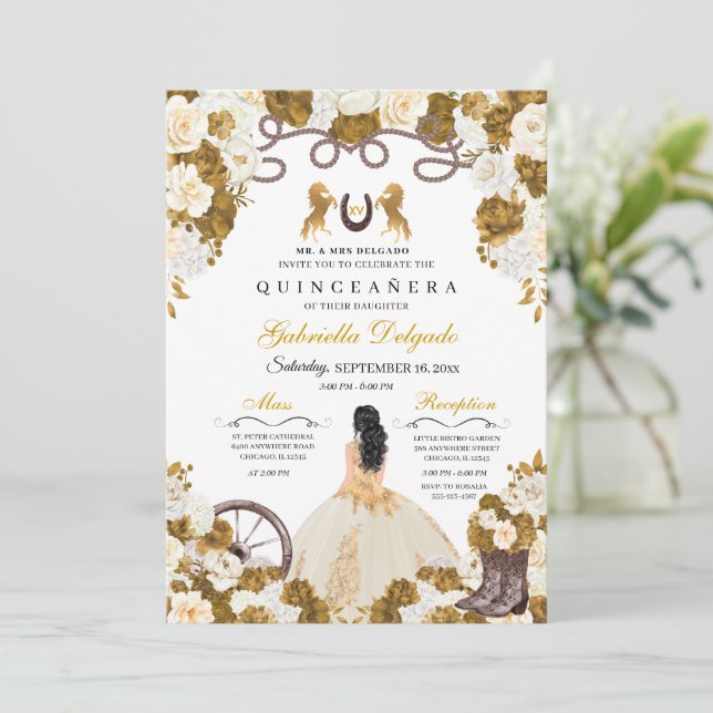 Invitation Ivory & Gold Western Charro Cowgirl Quinceanera (Debout devant)