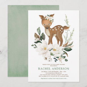Invitation Ivory Green Magnolia Baby shower de cerfs