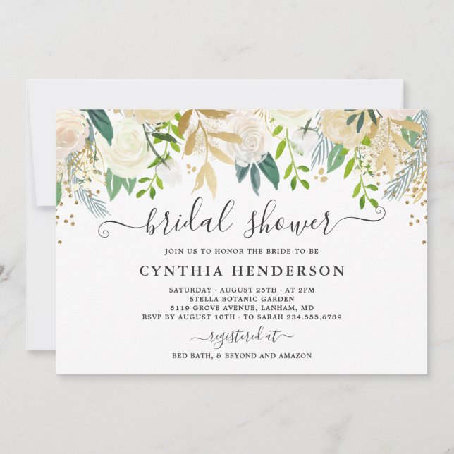 Invitation Ivory Greenery Gold Bloom Floral Fête de Mariage (Devant)