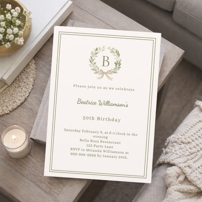 Invitation Ivory greenery wreath bow monogrammed Birthday (Créateur téléchargé)
