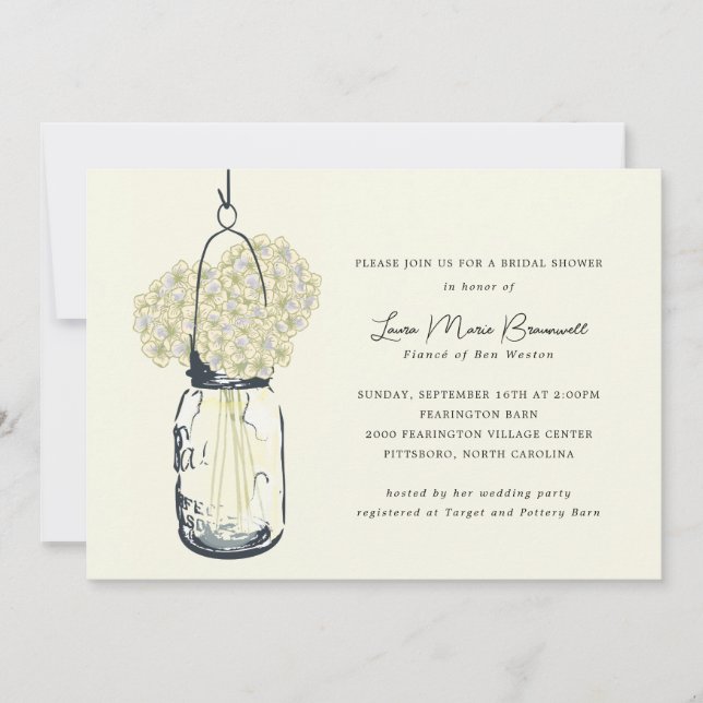 Invitation Ivory Hydrangea & Mason Jar Fête des mariées (Devant)