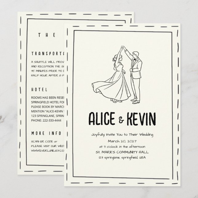 Invitation Ivory Illustration Doodle Minimalist QR Wedding  (Devant / Derrière)