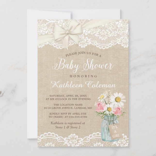Invitation Ivory Lace Burlap Floral Mason Jar Baby shower (Devant)