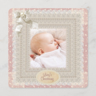 Invitation Ivory Lace Pink Pearl Girls Pink Photo Christening