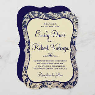 Invitation Ivory Lace Royal Navy Bleu Moderne Mariage officie