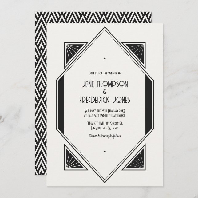 Invitation Ivory Linen & Jet Black Art Deco Wedding Photo (Devant / Derrière)