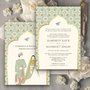 Invitation Ivory Mint Green Motif Anand Karaj Sikh Mariage