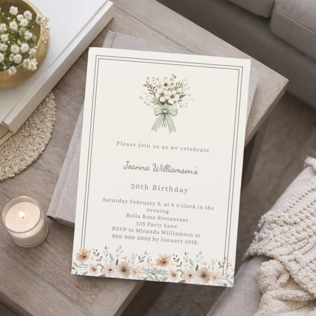 Invitation Ivory muted green floral birthday (Créateur téléchargé)