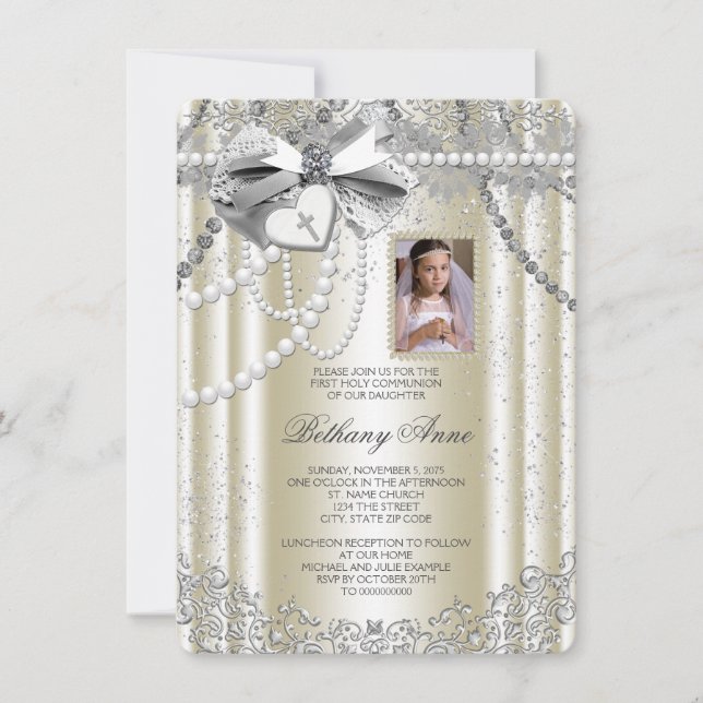 Invitation Ivory Pearl Cross Photo Première communion (Devant)
